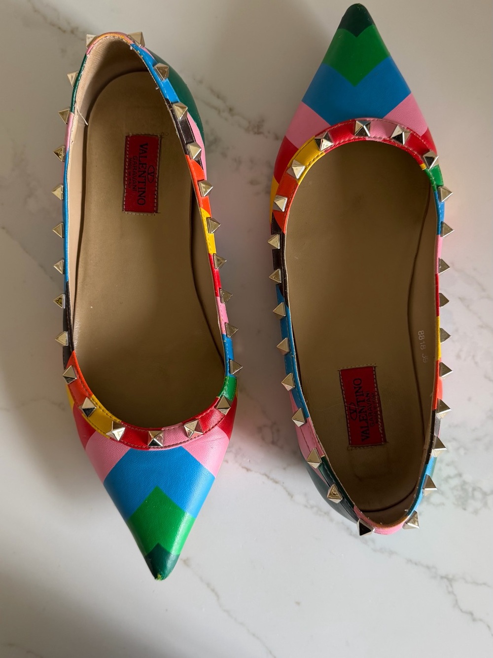Valentino Garavani Multicolor Rainbow Chevron Rockstud Pointed Flats